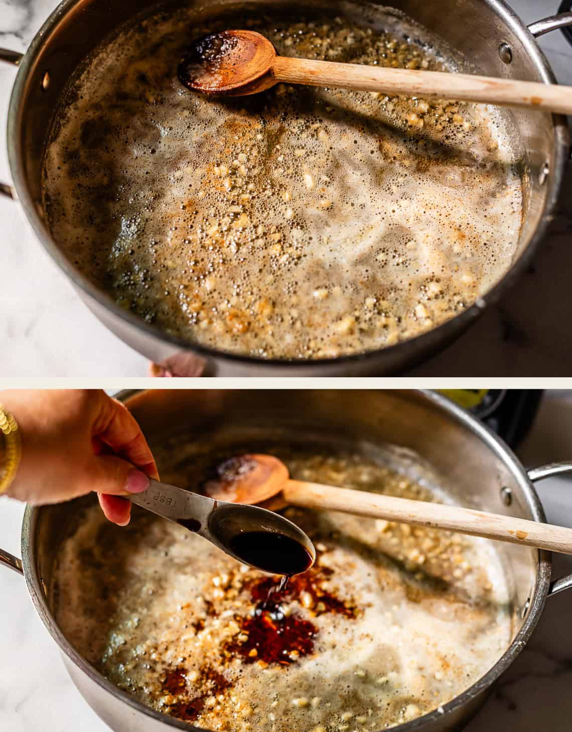 Two images: A pot of simmering liquid with floating spices and garlic, being stirred with a wooden spoon. In the second image, a hand pours a dark liquid from a measuring spoon into the pot.