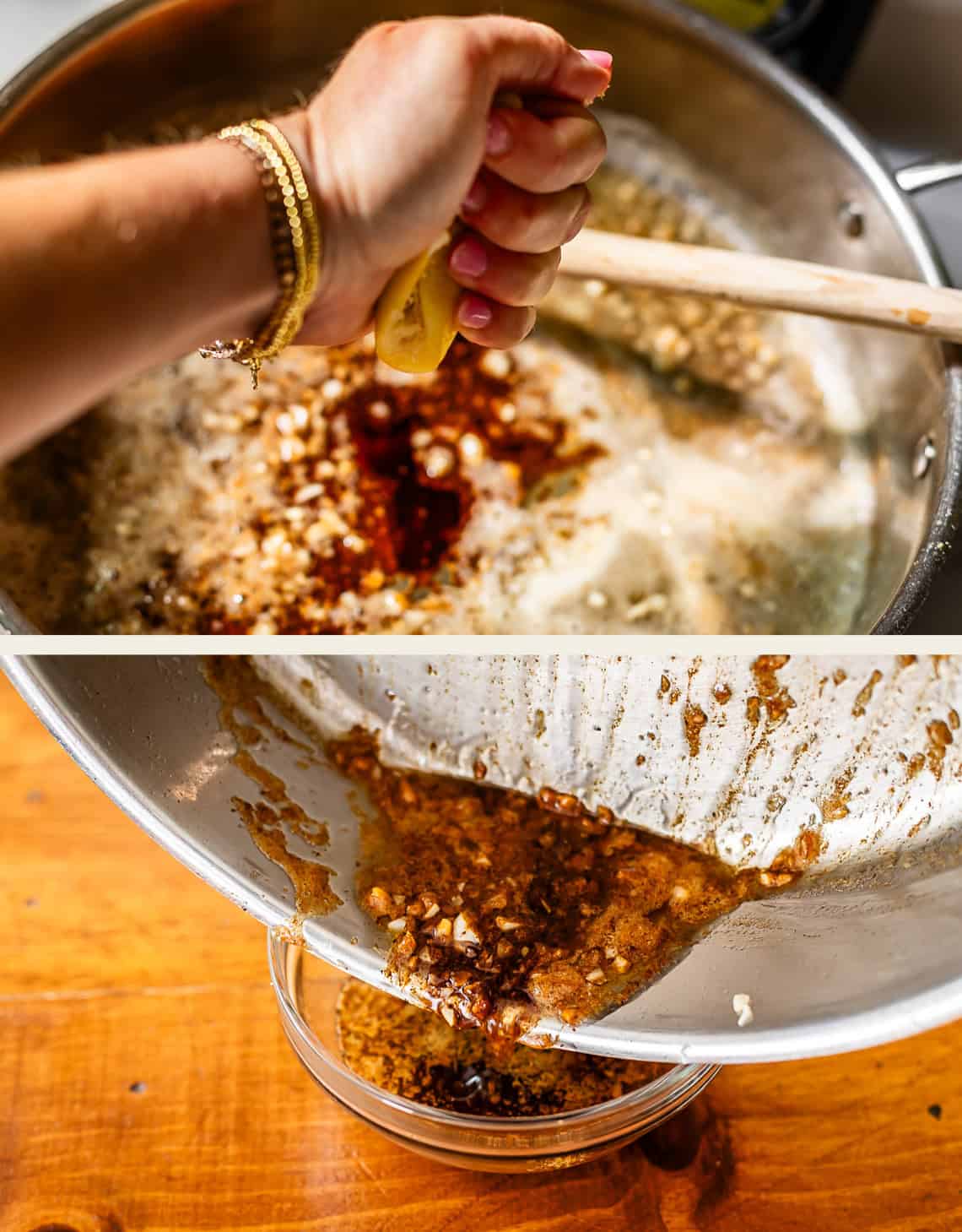 A hand squeezes a lemon over a pot with sautéed onions and spices (top); the mixture is being strained into a bowl (bottom).