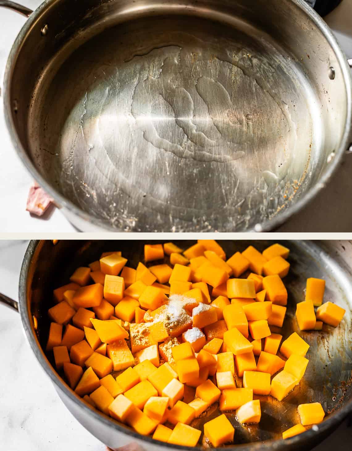 Two images: the top shows an empty, oiled stainless steel pan; the bottom shows the same pan now filled with cubed butternut squash and a sprinkle of salt.