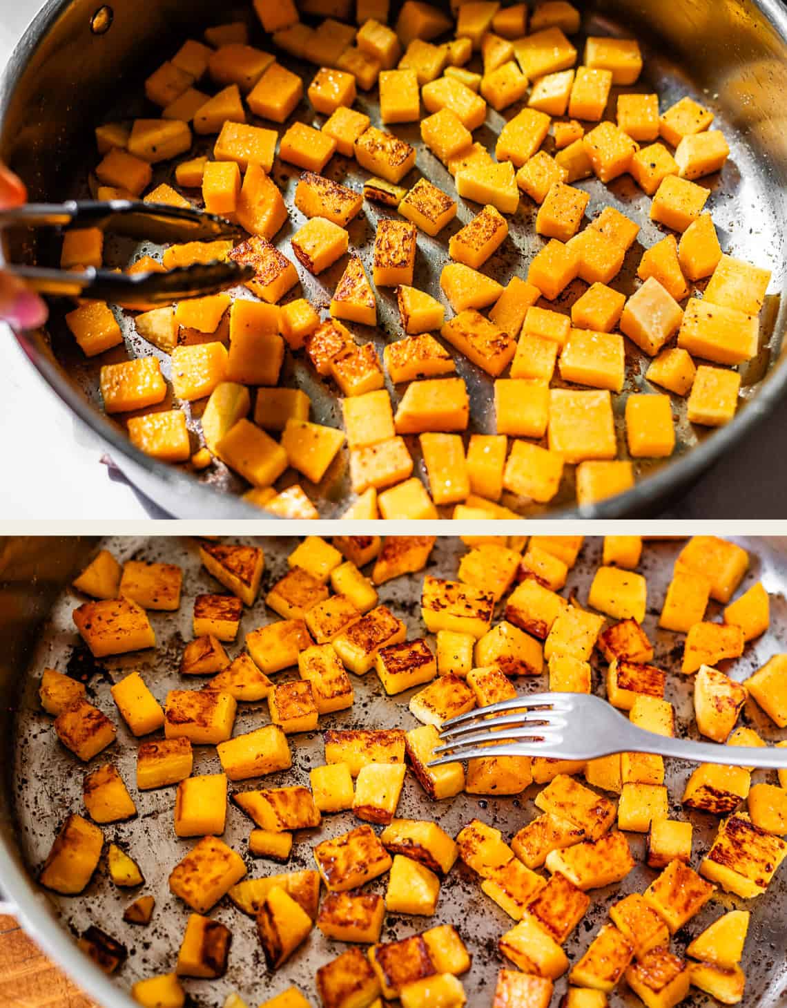 Two images show cubed butternut squash being cooked in a skillet. In the top image, someone uses tongs to stir the squash; in the bottom image, a fork is used to check the browned, cooked pieces.
