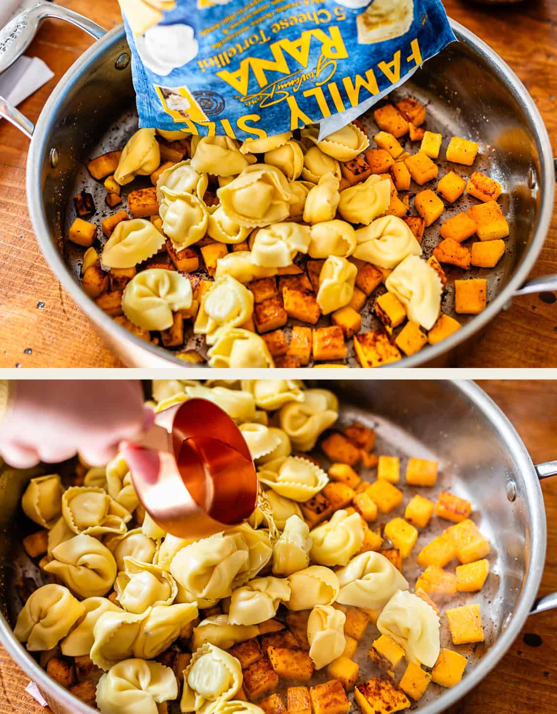 Two images: The top shows tortellini being poured from a bag into a skillet with browned cubes of butternut squash; the bottom shows water being added to the skillet with tortellini and squash.