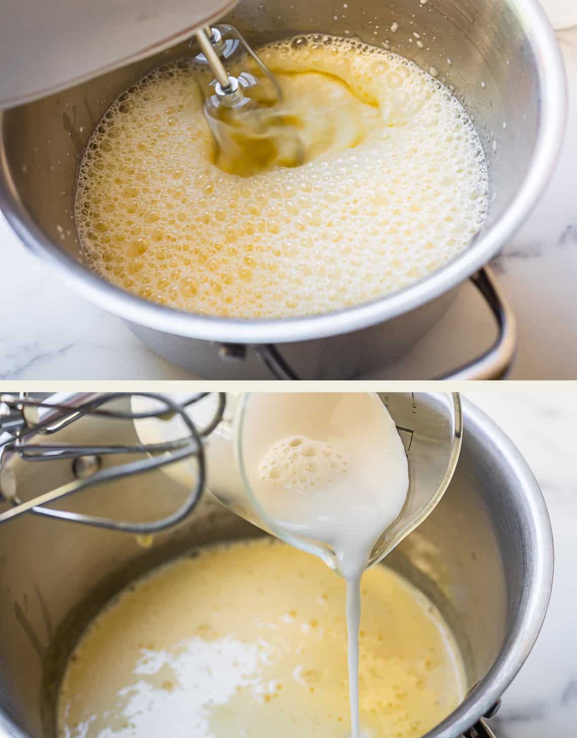 A metal mixing bowl with a hand mixer whipping a frothy mixture, and milk being poured into the mixture in the bowl. Both images show the process of combining ingredients with an electric mixer.