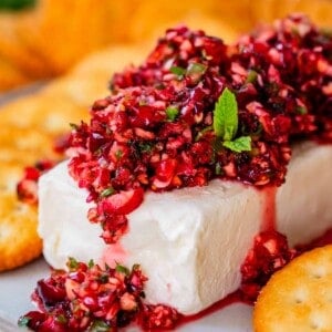 A block of cream cheese topped with a finely chopped cranberry relish, garnished with a mint leaf, and surrounded by round crackers on a plate.