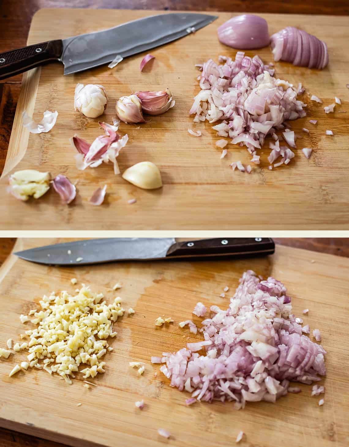 Two photos of a wooden cutting board with a knife. One shows unpeeled and chopped garlic and shallots; the other shows finely chopped garlic and shallots in separate piles.