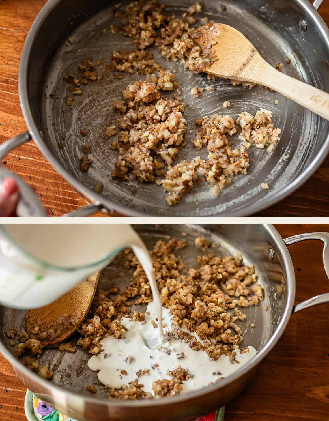 Two images: Top, cooked ground sausage is stirred in a skillet with a wooden spoon. Bottom, milk is being poured from a measuring cup into the skillet with the sausage mixture.