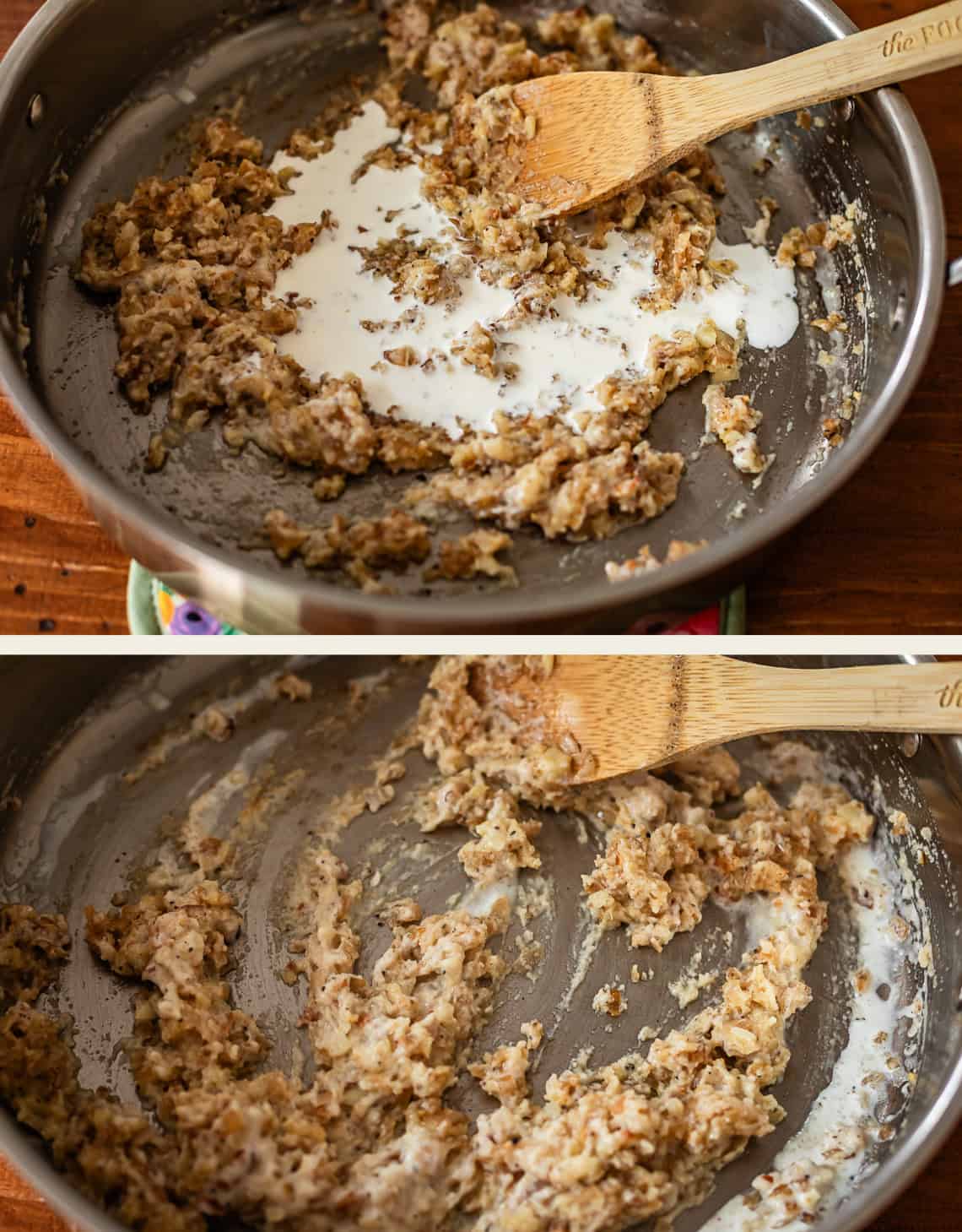 Two images of a metal skillet with a wooden spoon stirring a mixture. The top image shows cream being added to the mixture, while the bottom image shows the mixture after it has been stirred together.