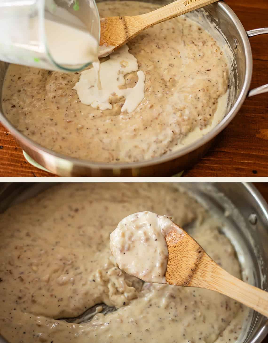 Two images: The top shows creamy liquid being poured into a skillet of thick, speckled gravy and stirred with a wooden spoon. The bottom shows a close-up of the spoon lifting a portion of the finished gravy.