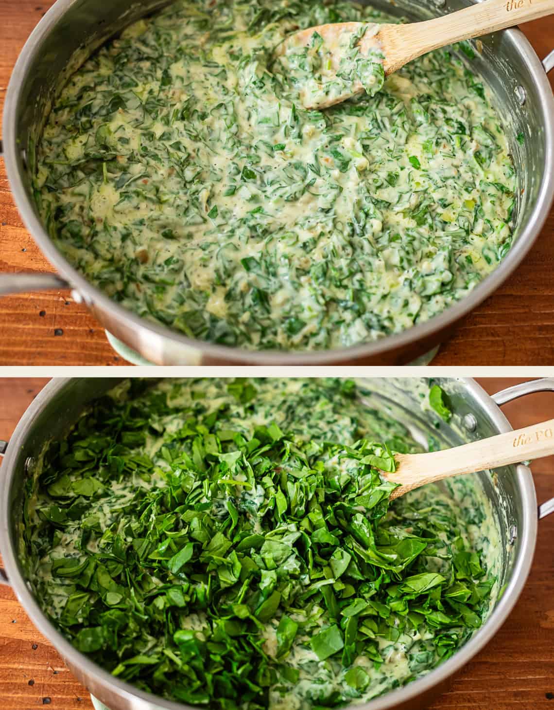 Two images show a pot of creamy spinach mixture being stirred with a wooden spoon. The top image shows the mixture fully stirred, while the bottom shows a pile of fresh chopped spinach being added.
