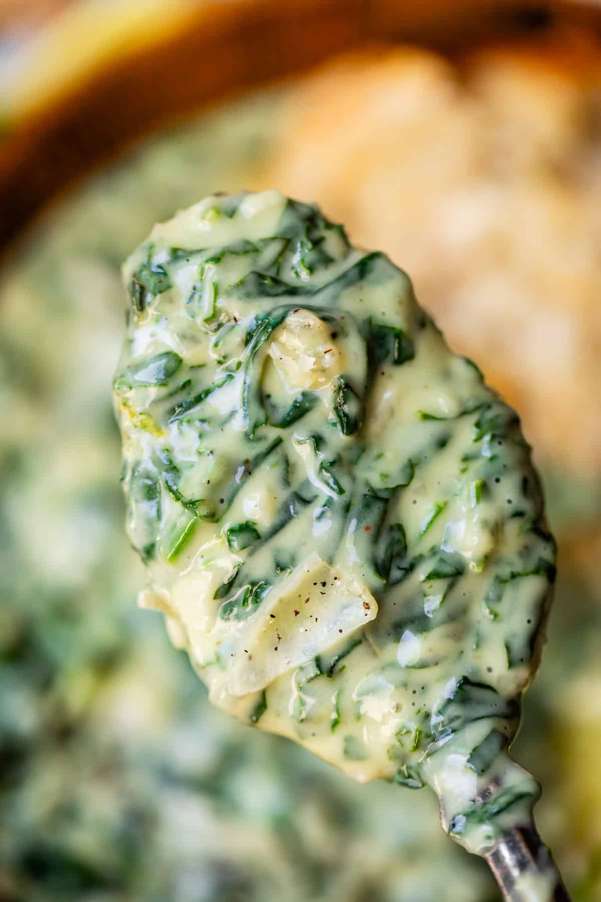 A close-up of a spoonful of creamy spinach artichoke dip, showing chopped spinach and bits of artichoke in a thick, cheesy sauce with visible seasoning flecks.