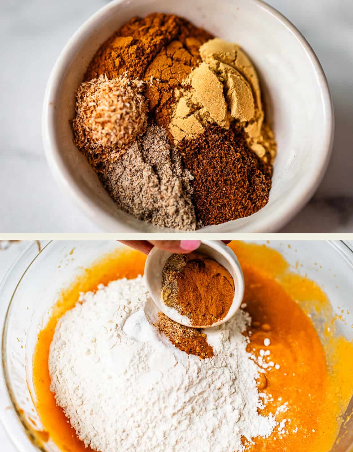 Top: White bowl with piles of ground spices and brown sugar. Bottom: Hand adding spices from a small bowl to a large bowl of flour and orange batter.