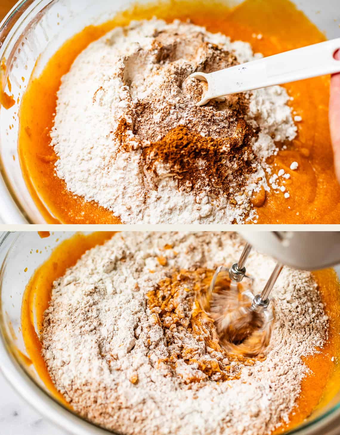 Two images: a bowl of flour and spices being added to a pumpkin-colored batter with a white spoon, and the same mixture being blended with a hand mixer.