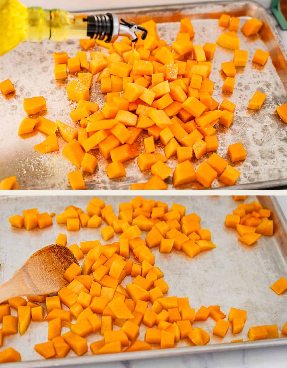 Two images: Top—diced butternut squash on a baking sheet being drizzled with olive oil; bottom—diced squash spread evenly on the sheet with a wooden spoon.