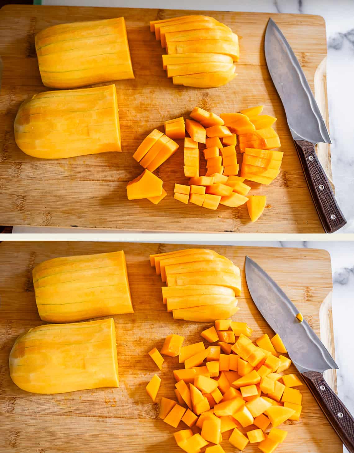 Two images of a wooden cutting board with a partially chopped butternut squash, a large knife, and diced squash pieces. The top shows less diced squash than the bottom, where more has been chopped.