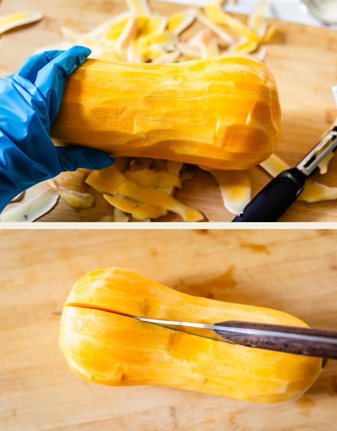 Two images: Top, a gloved hand holds a peeled butternut squash next to a peeler and squash peels on a wooden board. Bottom, a knife slices the peeled squash lengthwise on the same wooden surface.