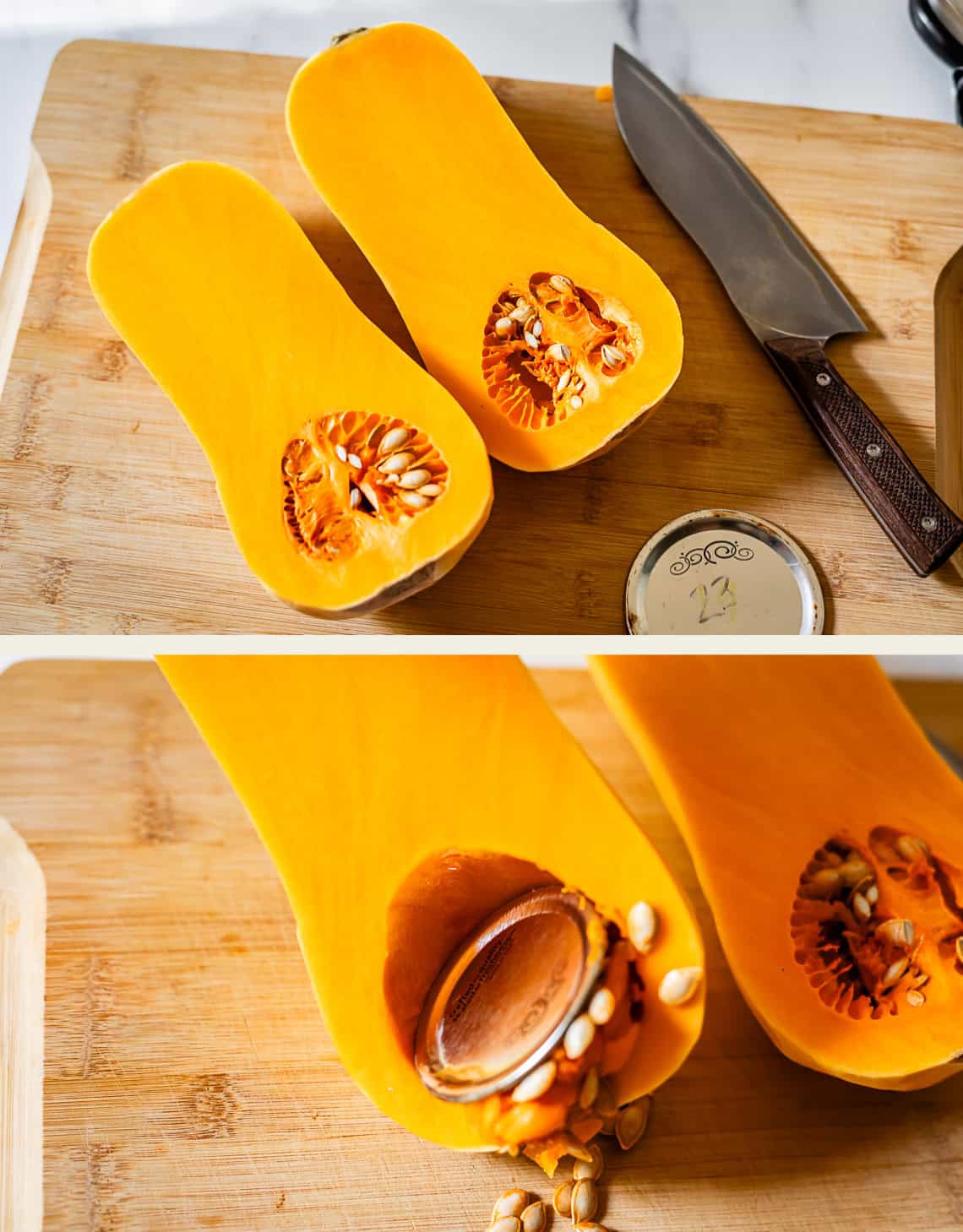 A cut butternut squash with seeds and a knife on a cutting board.
