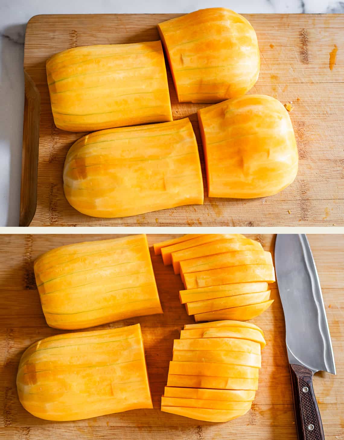 Two images show a butternut squash being cut on a wooden board. The top image shows the squash halved and quartered, while the bottom image shows one quarter sliced and a knife nearby.