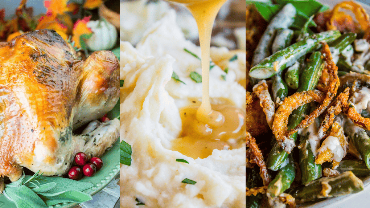 A roasted turkey with herbs and cranberries, creamy mashed potatoes topped with gravy, and green bean casserole with crispy onions, all arranged in a festive holiday presentation.