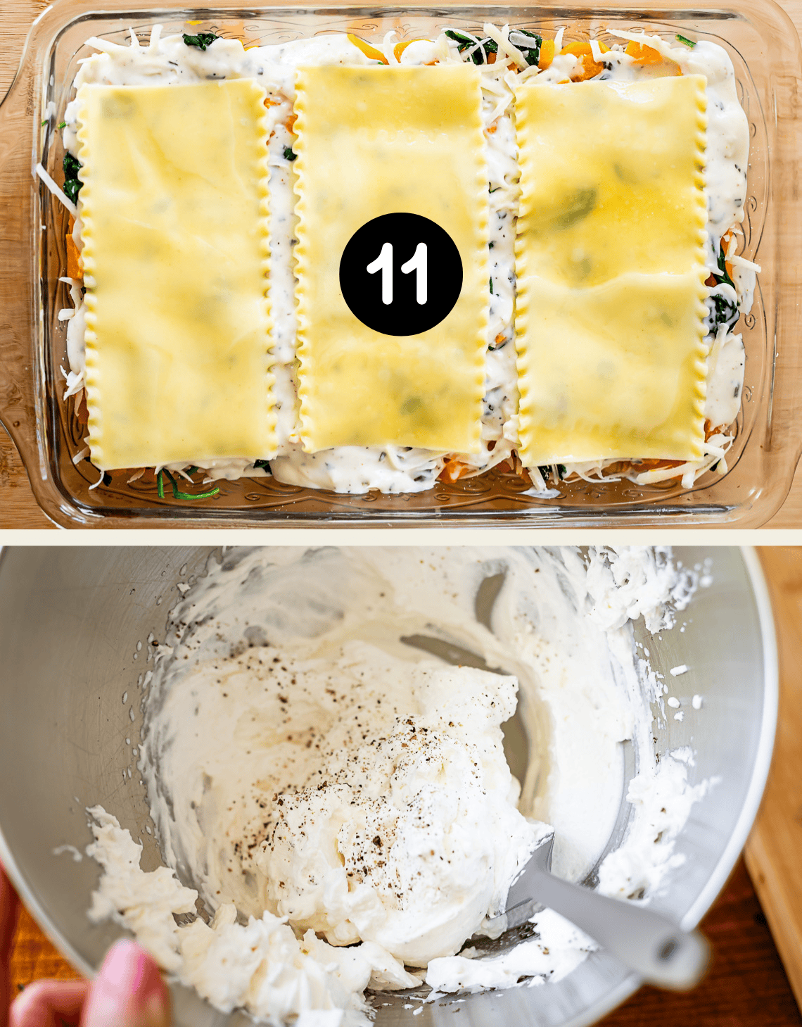 Top: Unbaked lasagna in a glass dish, topped with three lasagna noodles. Bottom: Mixing bowl with ricotta cheese mixture and a spatula, sprinkled with pepper.