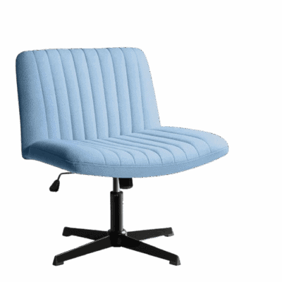 A modern armless office chair with light blue, vertically-stitched upholstery, a black swivel base, and an adjustable height lever, set against a plain white background.