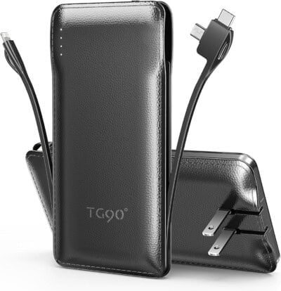 A black TG90° portable power bank is shown with built-in charging cables and foldable wall plug, standing upright next to another power bank propped at an angle.