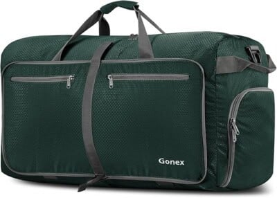 A large dark green duffel bag with gray straps, two front zippered pockets, a side zippered pocket, and the brand name Gonex on the front.