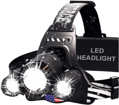 A black LED headlamp with three bright lights, an adjustable head strap labeled POLICE, and LED HEADLIGHT written on the side battery pack. An American flag sticker is visible on the front.