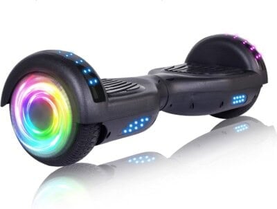A black hoverboard with colorful LED lights on the wheels and blue lights on the body, shown against a white background with a reflective surface.