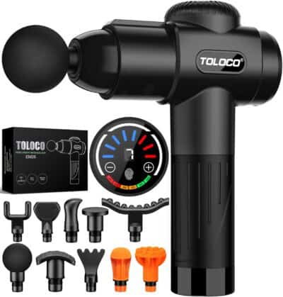 A black TOLOCO massage gun with multiple detachable massage heads, a digital speed display, and a carrying case. Additional massage heads of various shapes are arranged below the gun.