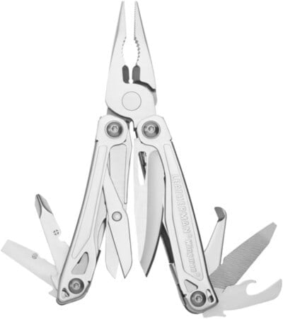 A stainless steel multitool with various extended tools, including pliers, a knife, file, screwdriver, bottle opener, and more. The tool is open, displaying its multiple functions.