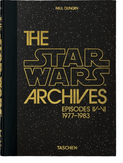 The cover of The Star Wars Archives: Episodes IV–VI 1977–1983 by Paul Duncan. The title is in large gold letters on a black, star-speckled background. Published by Taschen.