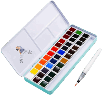 An open metal box of 36 watercolor paints with a variety of colors, a water brush pen, and a palette area inside the lid. The box features a parrot illustration and the text “Mei Liang.”.