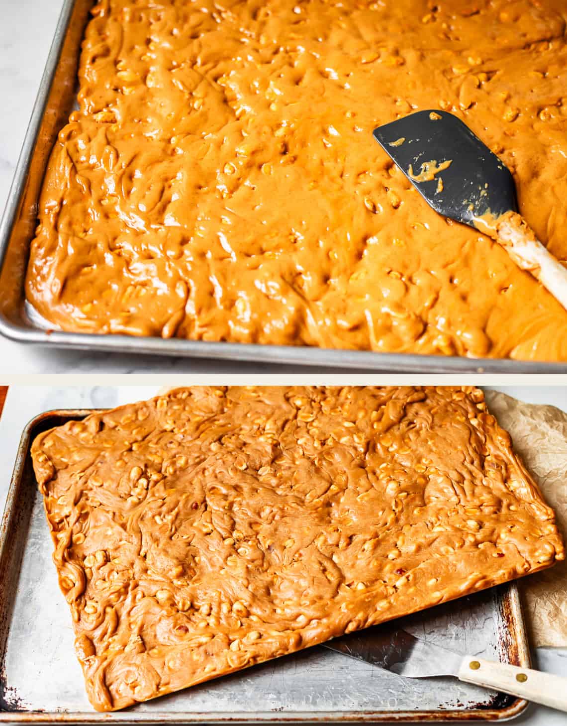 A baking sheet filled with homemade peanut brittle. A spatula rests on top in the first image, while the second image shows the peanut brittle cooled and ready to be broken into pieces.
