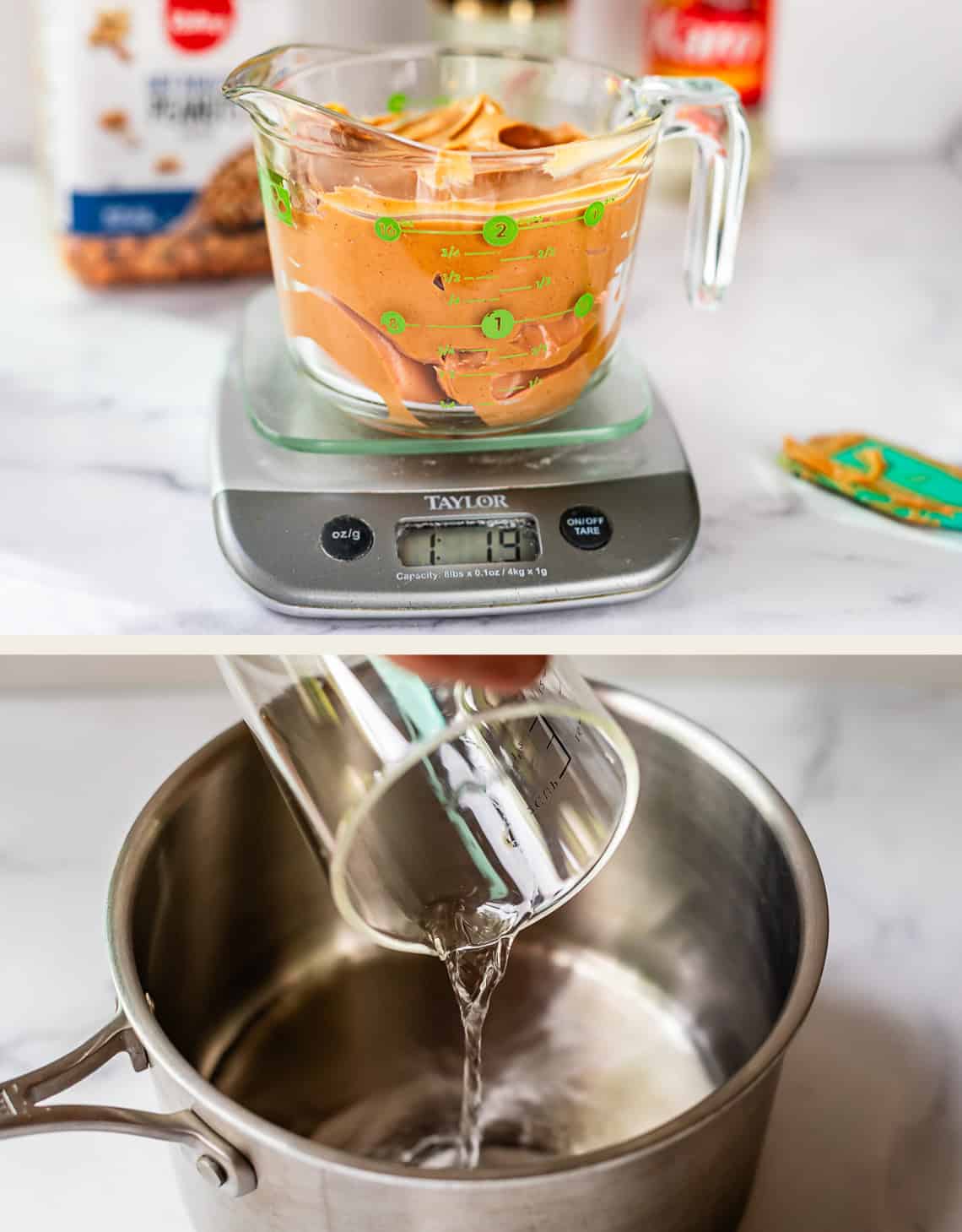 Top image: A glass measuring cup with peanut butter sits on a digital kitchen scale. Bottom image: Water is being poured from a measuring cup into a stainless steel pot on a white countertop.