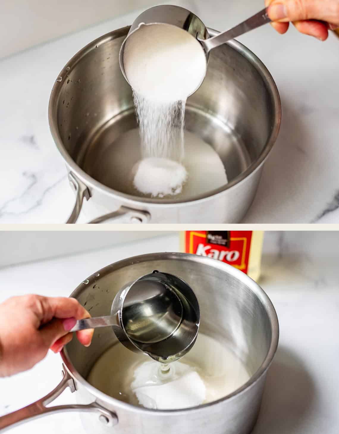 Two images: The top shows sugar being poured into a saucepan with water. The bottom shows corn syrup being poured into the same saucepan, with a Karo syrup bottle visible in the background.