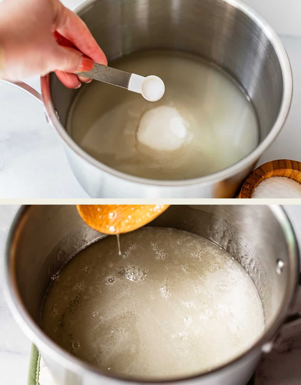 Two images: The top shows a hand adding a spoon of salt to a pot of water and sugar. The bottom image shows the sugar and salt dissolved, forming a clear liquid in the pot.