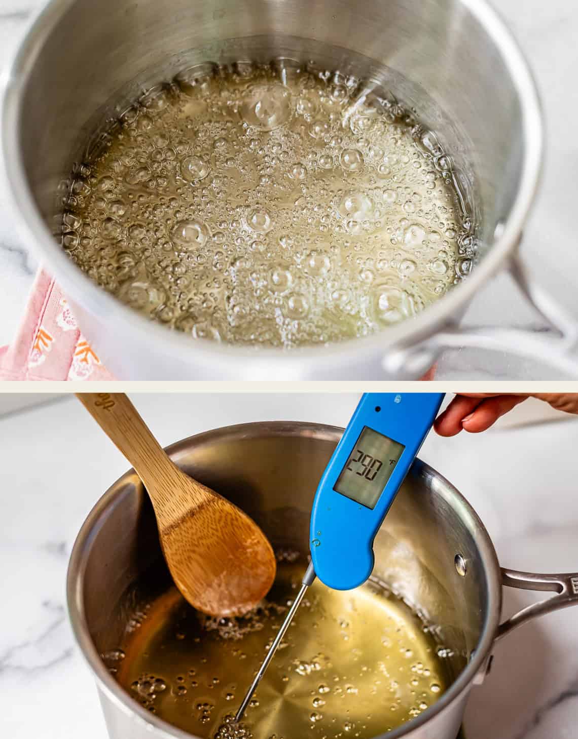 Top: A pot of bubbling sugar syrup. Bottom: A pot of syrup being stirred with a wooden spoon while a hand holds a blue digital thermometer showing 290°F in the liquid.