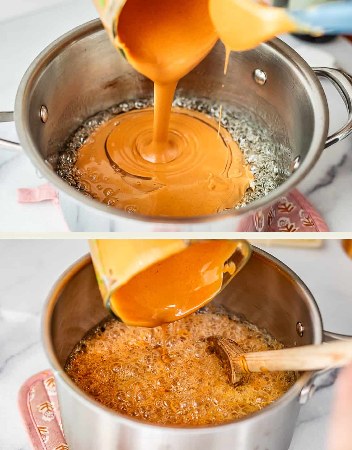 A creamy orange mixture is being poured into a pot of bubbling syrup, then stirred with a wooden spoon in the hot pot. The process appears to be part of making homemade candy or caramel.