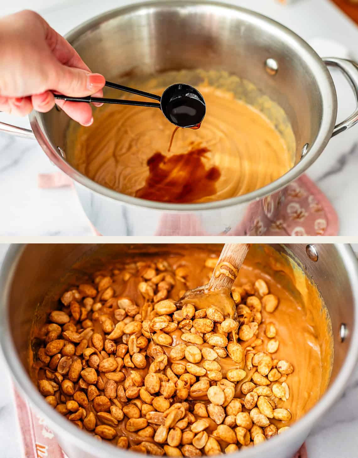 Two images: The first shows a hand adding vanilla extract to a pot of caramel mixture. The second shows the same pot with peanuts added on top of the candy mixture, being stirred with a wooden spoon.