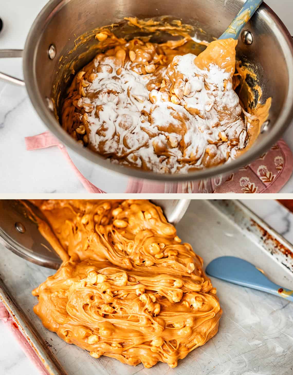 A pot with a gooey peanut butter mixture and powdered sugar is stirred with a spatula. Below, the thick mixture with peanuts is poured onto a baking sheet next to a blue spatula.