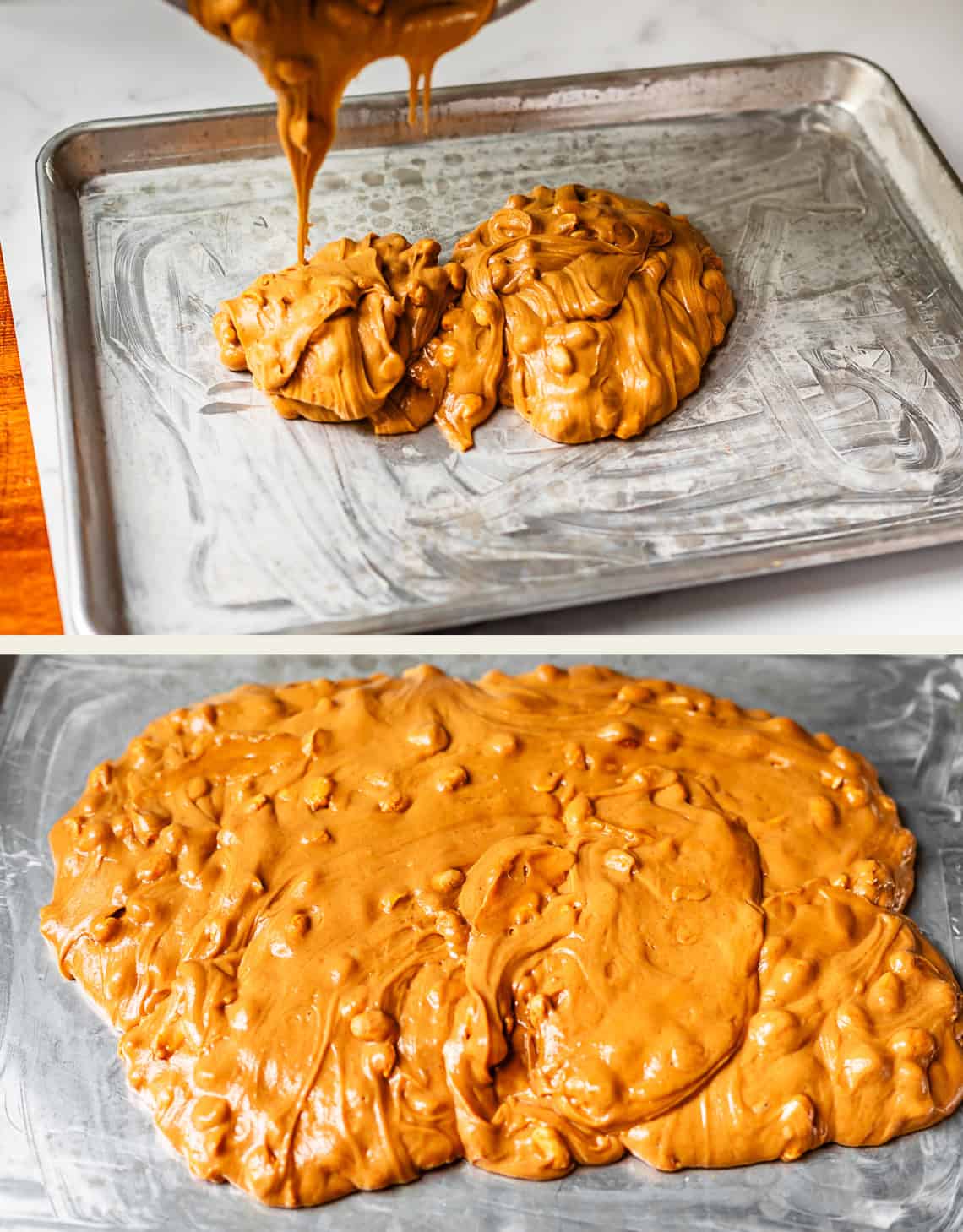 A thick, golden-brown peanut brittle mixture is poured onto a greased baking sheet, then spread out to cool and harden, showing a shiny surface with visible peanuts.