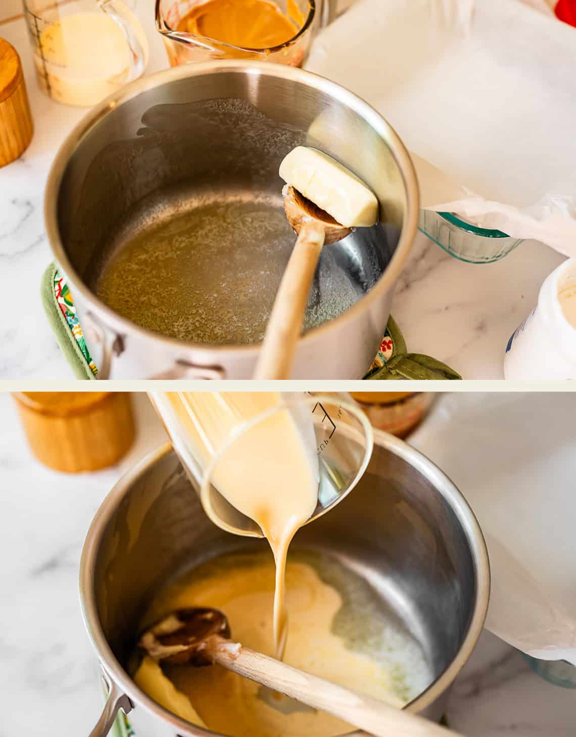 Two images: Top shows a saucepan with melted butter being stirred with a spatula. Bottom shows evaporated milk being poured from a measuring cup into the saucepan. Baking ingredients and utensils are nearby.