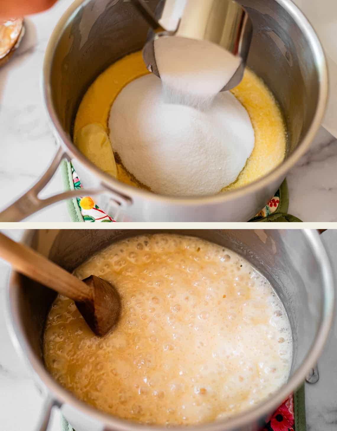 Two images: The top shows sugar being poured into melted butter in a saucepan. The bottom shows the mixture bubbling in the saucepan as it is stirred with a wooden spoon.