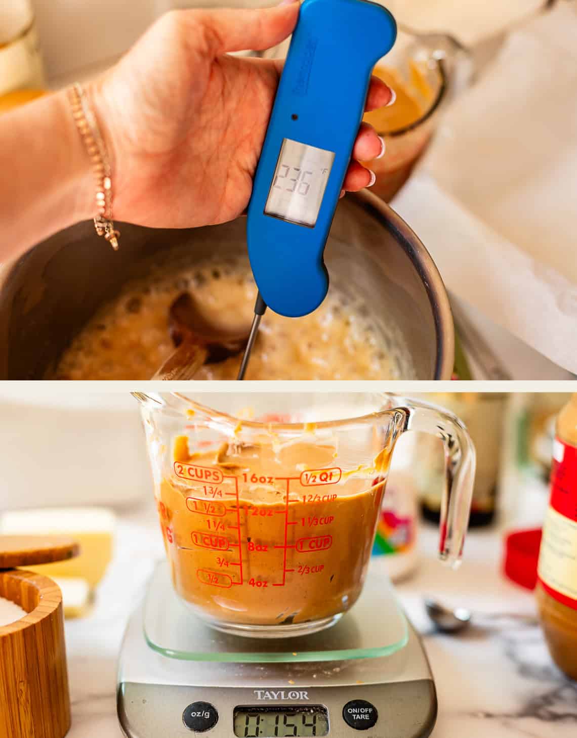 A hand holds a blue thermometer in a pot of bubbling caramel, showing 236°F. Below, a glass measuring cup with peanut butter sits on a digital kitchen scale reading 15.4 ounces.