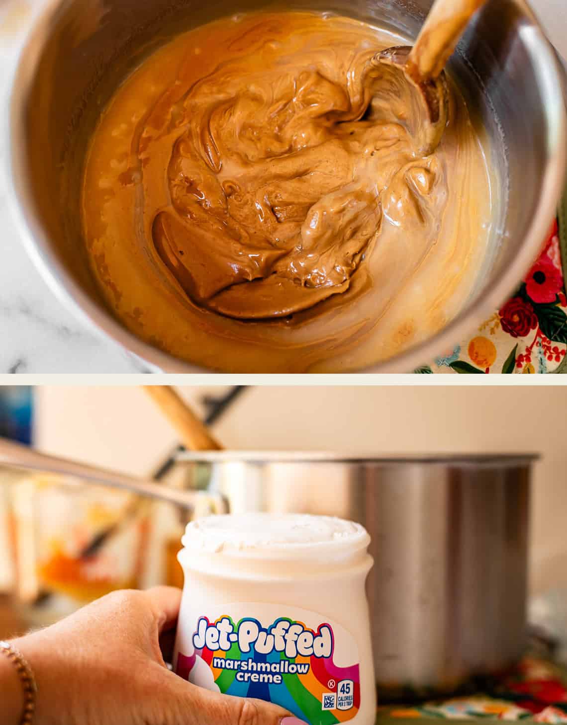 Top: A saucepan with peanut butter mixture being stirred. Bottom: A hand holds a jar of Jet-Puffed Marshmallow Creme in front of the saucepan.