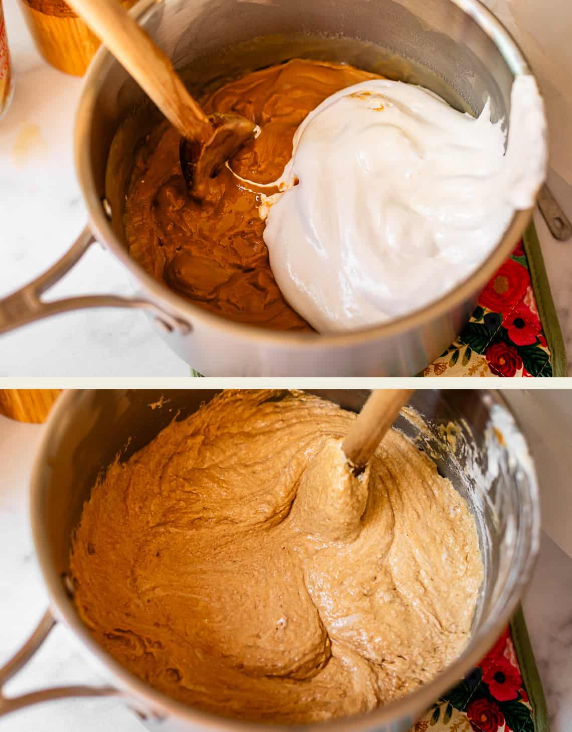 Two images show a pot. In the top image, a wooden spoon mixes peanut butter with marshmallow fluff. In the bottom image, the ingredients are fully combined into a smooth, light brown fudge.