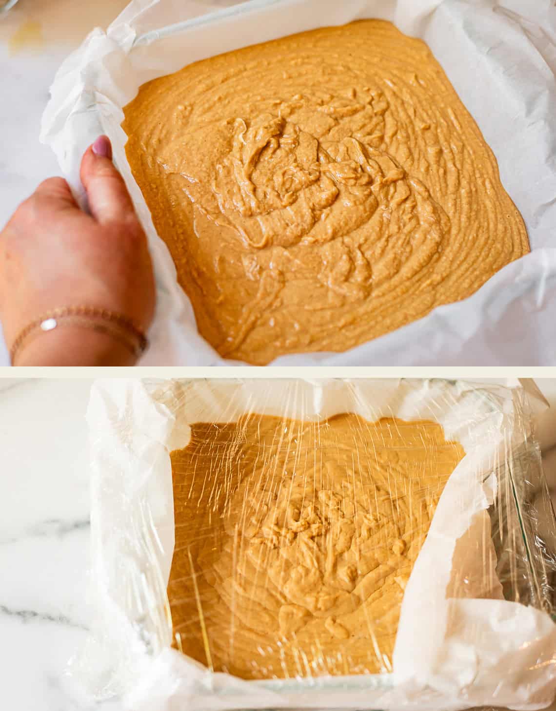 Top: A hand holds a pan lined with parchment paper filled with peanut butter fudge. Bottom: The same pan, now covered with clear plastic wrap, sits on a marble surface.