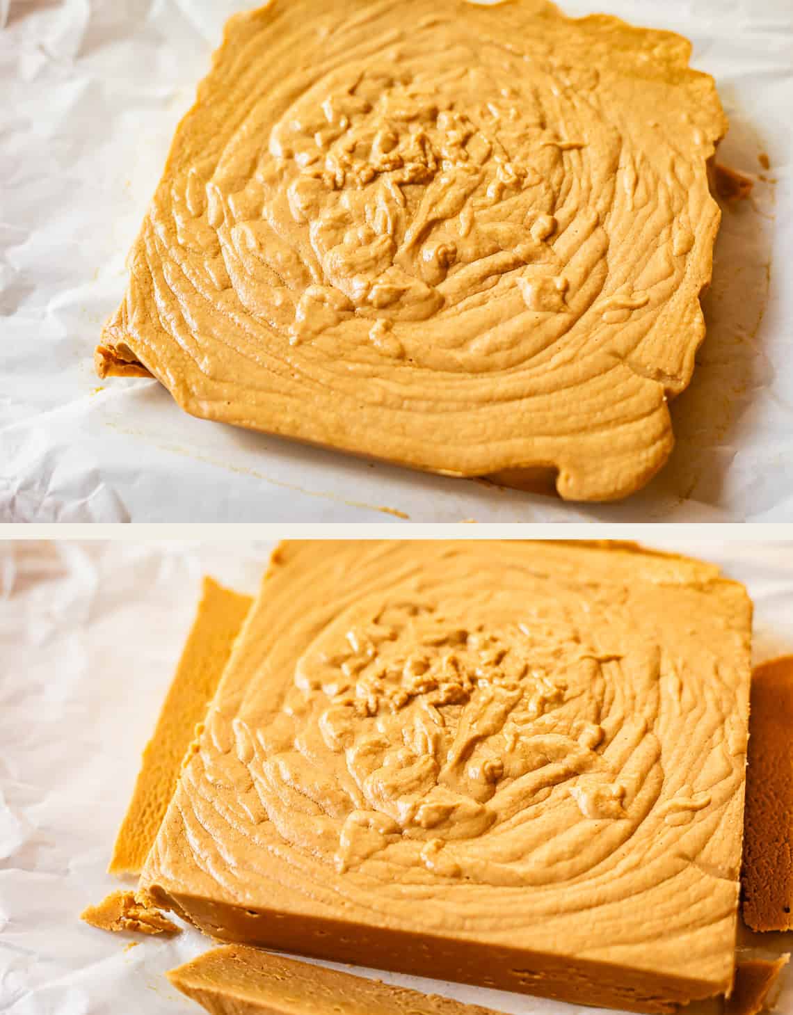 Two images show a thick, square block of creamy, light brown fudge on white parchment paper. The top photo shows it whole, while the bottom photo shows pieces being sliced from the blocks side.