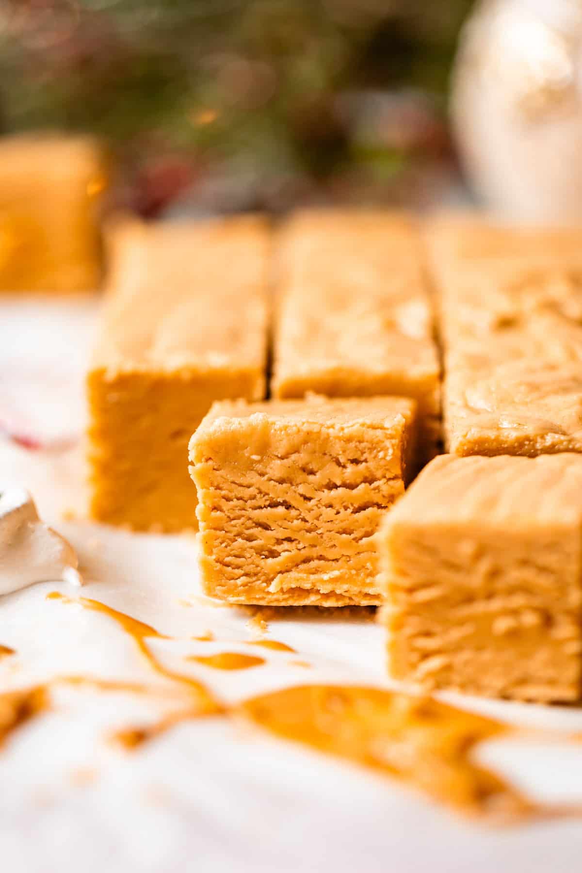 Close-up of several pieces of creamy, peanut butter fudge arranged on parchment paper, with smooth, textured surfaces and a blurred festive background.