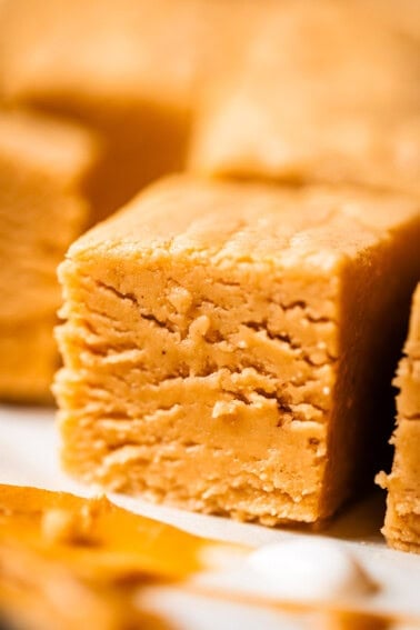 Close-up of a thick, creamy square of peanut butter fudge, showing its smooth and slightly crumbly texture. Other pieces of fudge are visible in the background.
