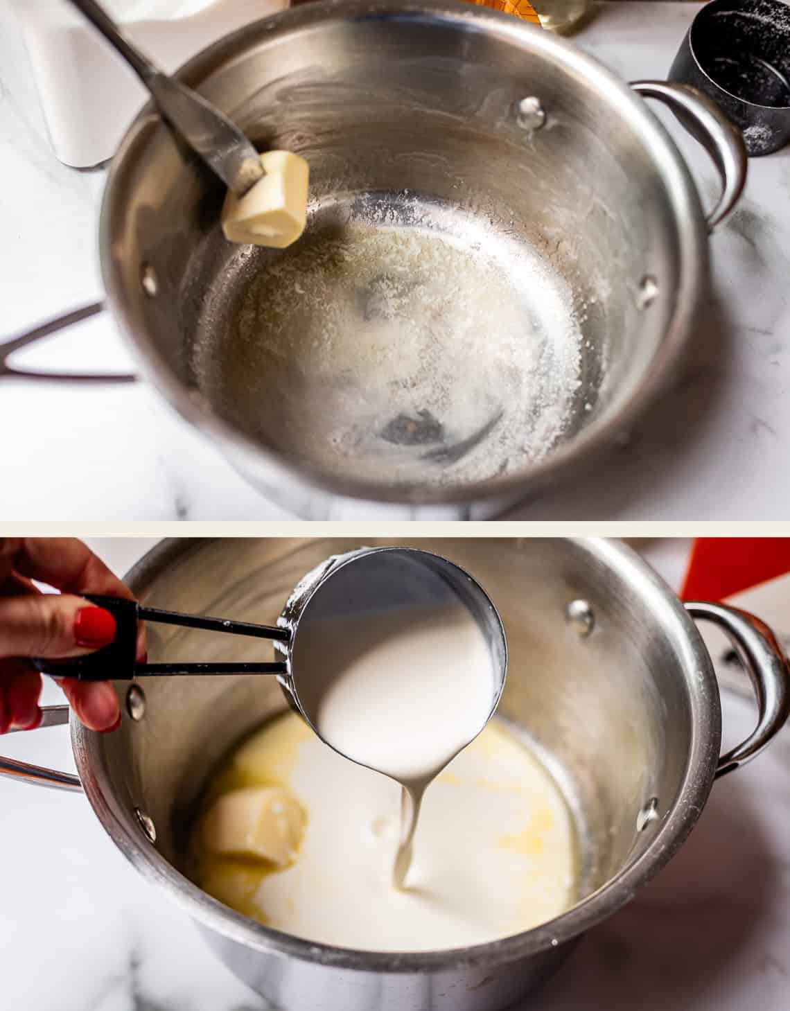 Two photos: Top, a pat of butter melting in a metal pot; bottom, a hand pouring milk from a measuring cup into the same pot containing melted butter.